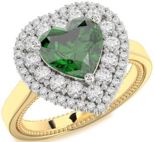 Diamond Emerald White Yellow Gold Heart Halo Solitaire Engagement Ring