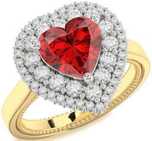 Diamond Ruby White Yellow Gold Heart Halo Solitaire Engagement Ring