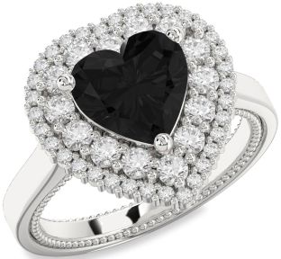 Black Diamond Silver Heart Halo Engagement Ring