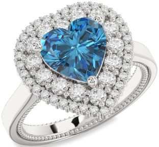 Blue Diamond Silver Heart Halo Engagement Ring