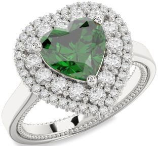 Diamond Emerald White Gold Heart Halo Solitaire Engagement Ring