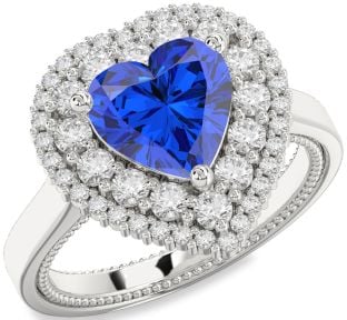 Diamond Blue Sapphire Platinum Heart Halo Engagement Ring