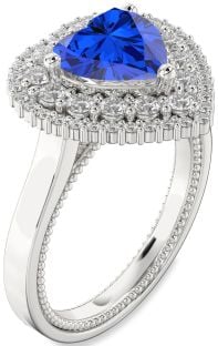 Diamond Blue Sapphire Platinum Heart Halo Engagement Ring