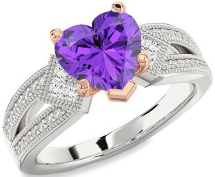 Diamond Amethyst Platinum & Rose Gold Heart Vintage Engagement Ring