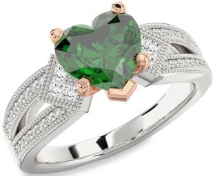 Diamond Emerald Silver & 10K Rose Gold Heart Solitaire Pave Engagement Ring