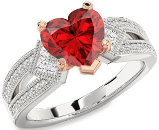 Diamond Ruby Platinum & Rose Gold Heart Solitaire Pave Engagement Ring