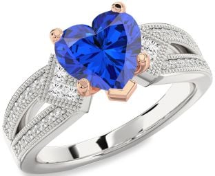 Diamond Blue Sapphire Platinum & Rose Gold Heart Vintage Engagement Ring