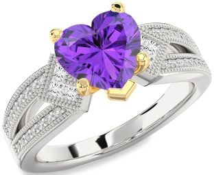 Diamond Amethyst Platinum & Yellow Gold Heart Vintage Engagement Ring