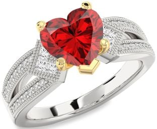 Diamond Ruby Silver & 10K gold Heart Solitaire Pave Engagement Ring
