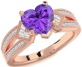 Diamond Amethyst Rose Gold Heart Vintage Engagement Ring