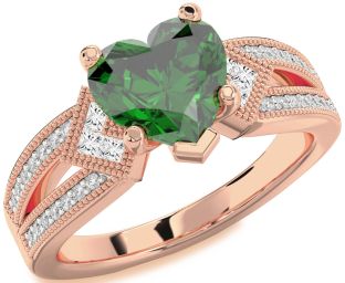 Diamond Emerald Rose Gold Heart Vintage Engagement Ring