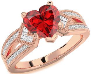 Diamond Ruby Rose Gold Heart Solitaire Pave Engagement Ring