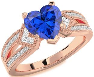 Diamond Blue Sapphire Rose Gold Silver Heart Vintage Engagement Ring