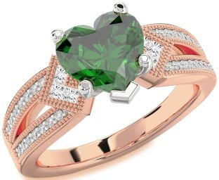 Diamond Emerald Platinum & Rose Gold Heart Solitaire Pave Engagement Ring