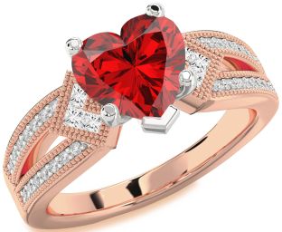 Diamond Ruby Platinum & Rose Gold Heart Solitaire Pave Engagement Ring