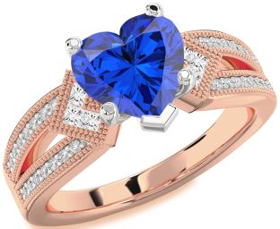 Diamond Blue Sapphire White Rose Gold Heart Vintage Engagement Ring