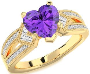 Diamond Amethyst Gold Heart Vintage Engagement Ring