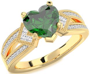 Diamond Emerald Gold Heart Solitaire Pave Engagement Ring