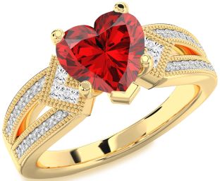 Diamond Ruby Gold Heart Solitaire Pave Engagement Ring