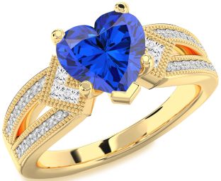 Diamond Blue Sapphire Gold Heart Vintage Engagement Ring
