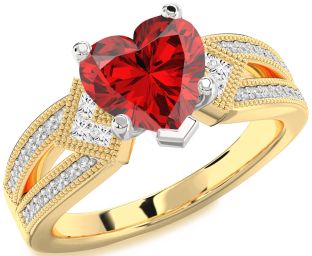 Diamond Ruby Platinum & Yellow Gold Heart Solitaire Pave Engagement Ring