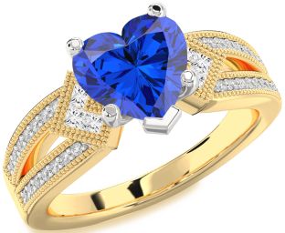 Diamond Blue Sapphire Gold Silver Heart Vintage Engagement Ring