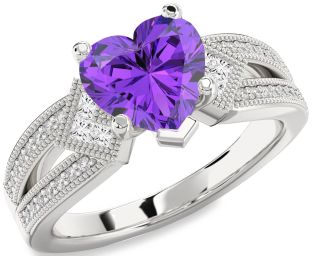 Diamond Amethyst Platinum Heart Vintage Engagement Ring