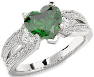 Diamond Emerald White Gold Heart Solitaire Pave Engagement Ring