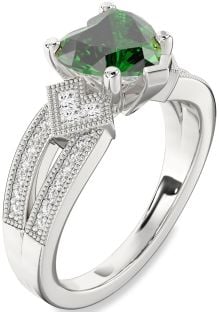 Diamond Emerald White Gold Heart Vintage Engagement Ring