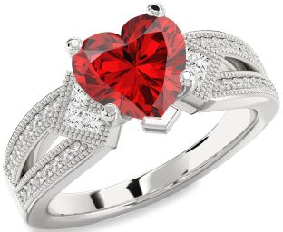 Diamond Ruby Silver Heart Solitaire Pave Engagement Ring