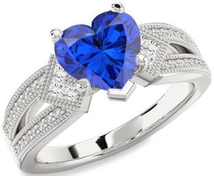 Diamond Blue Sapphire White Gold Heart Vintage Engagement Ring