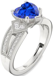 Diamond Blue Sapphire Platinum Heart Vintage Engagement Ring