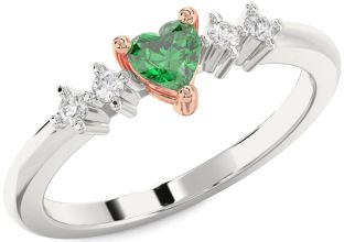 Diamond Emerald Silver & 10K Rose Gold Heart Promise Ring