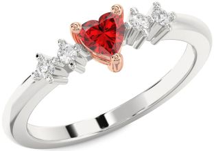 Diamond Ruby Silver & 10K Rose Gold Heart Promise Ring
