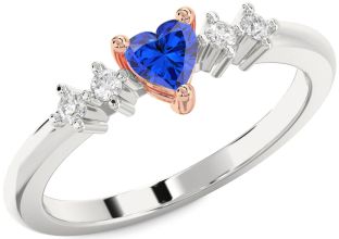 Diamond Blue Sapphire Silver & 10K Rose Gold Heart Promise Ring