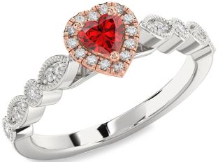Diamond Ruby Silver & 10K Rose Gold Heart Promise Ring
