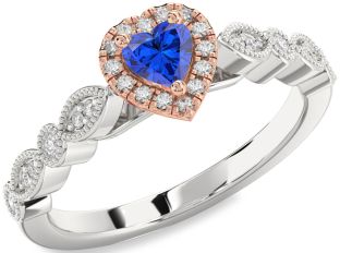 Diamond Blue Sapphire Rose Gold Silver Heart Promise Ring