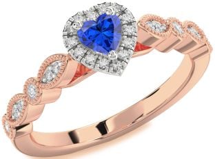 Diamond Blue Sapphire White Rose Gold Heart Promise Ring