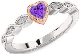 Diamond Amethyst Platinum & Rose Gold Heart Promise Ring