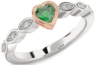 Diamond Emerald Silver & 10K Rose Gold Heart Promise Ring
