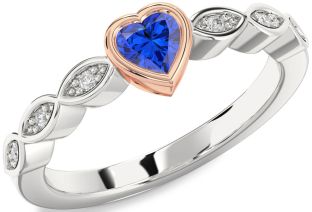 Diamond Blue Sapphire Platinum & Rose Gold Heart Promise Ring