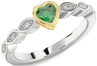 Diamond Emerald Silver & 10K gold Heart Promise Ring