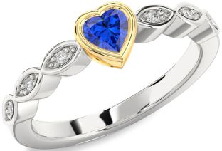 Diamond Blue Sapphire White Yellow Gold Heart Promise Ring