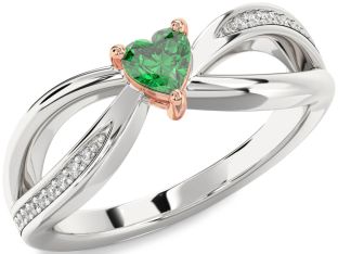 Diamond Emerald Silver & 10K Rose Gold Heart Promise Ring