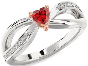 Diamond Ruby Silver & 10K Rose Gold Heart Promise Ring