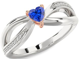 Diamond Blue Sapphire Rose Gold Silver Heart Promise Ring