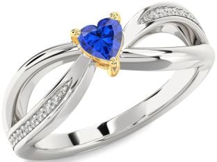 Diamond Blue Sapphire Platinum & Yellow Gold Heart Promise Ring