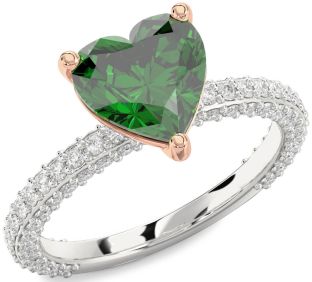 Diamond Emerald Silver & 10K Rose Gold Heart Solitaire Pave Engagement Ring