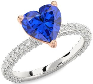Diamond Blue Sapphire Platinum & Rose Gold Heart Solitaire Pave Engagement Ring
