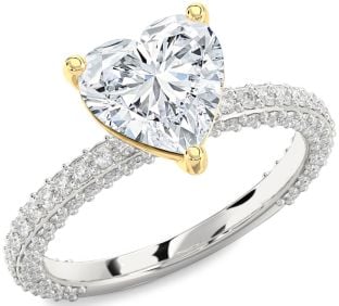 Diamond Silver & 10K gold Heart Solitaire Pave Engagement Ring